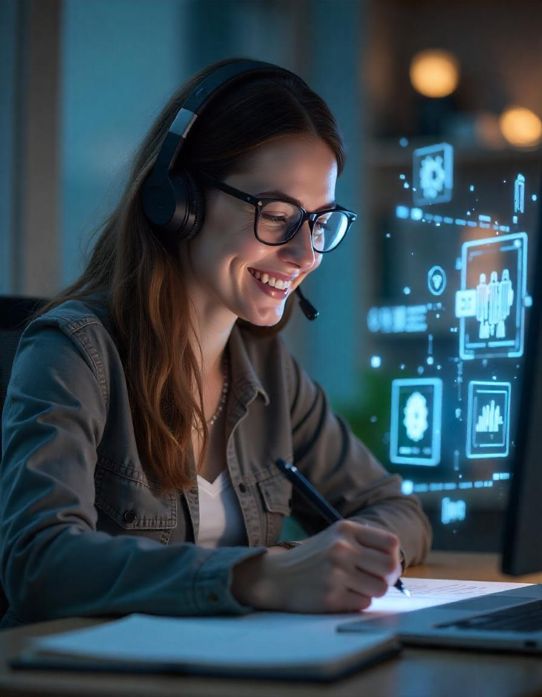 Mujer con auriculares frente a una pantalla virtual de tecnología interactuando con gráficos y mapas globales, anotando en su cuaderno.