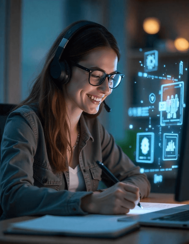 Mujer con auriculares frente a una pantalla virtual de tecnología interactuando con gráficos y mapas globales, anotando en su cuaderno.